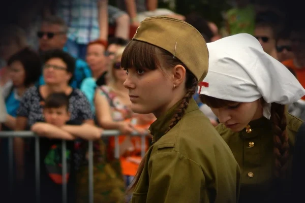 victory day, 9th may, holiday, military uniform, soldiers, girl, reconstruction of the second world war