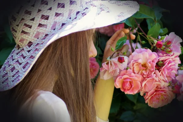 the girl in the hat, hat, roses, sleeping beauty, romance, soft, rosebush, a young, fairytale, nature, pink, miss, bloom