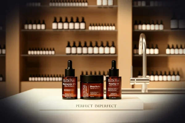 Three skincare bottles and jar on display