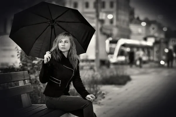woman, young woman, evening, city, street, umbrella, autumn, autumn leaves, people, portrait, bench, woman under an umbr