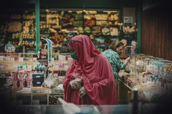 woman, face mask, market, hijab, people, store, grocery, shopping, farmers market, buying, customers, market, market, ma