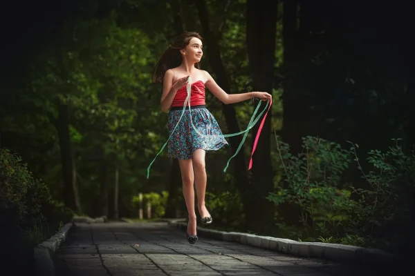 child, girl, jump, model, park, jumping, skip, skipping, portrait, path, walkway, pathway, outdoors, young girl, dress,
