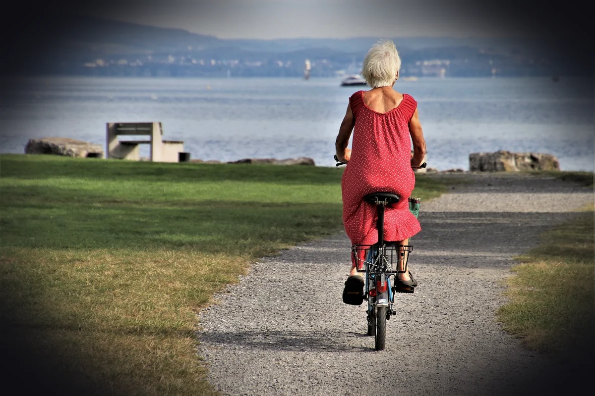 park, bike, senior, lonely, cycling, woman, old woman, recreational activities, entertainment, sanatorium, active, red dress,