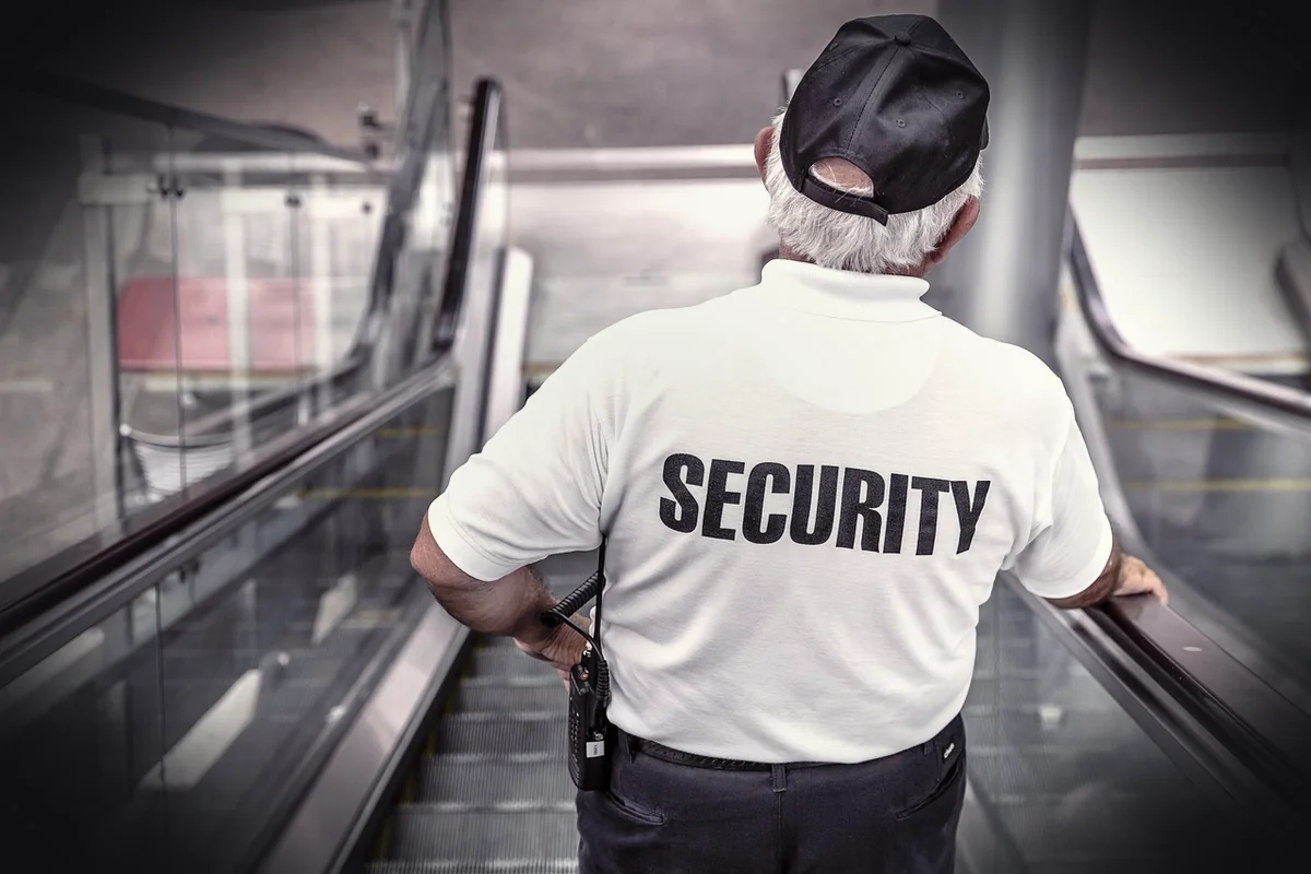 security, man, escalator, police, guard, officer, surveillance, control, monitoring, safety, uniform, back view, security, se