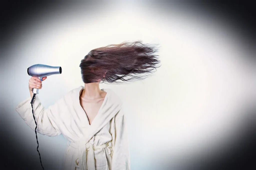 woman, hair drying, girl, female, model, adult, brunette, hair, studio photography, hairstyling, hair dryer, morning, robe, b