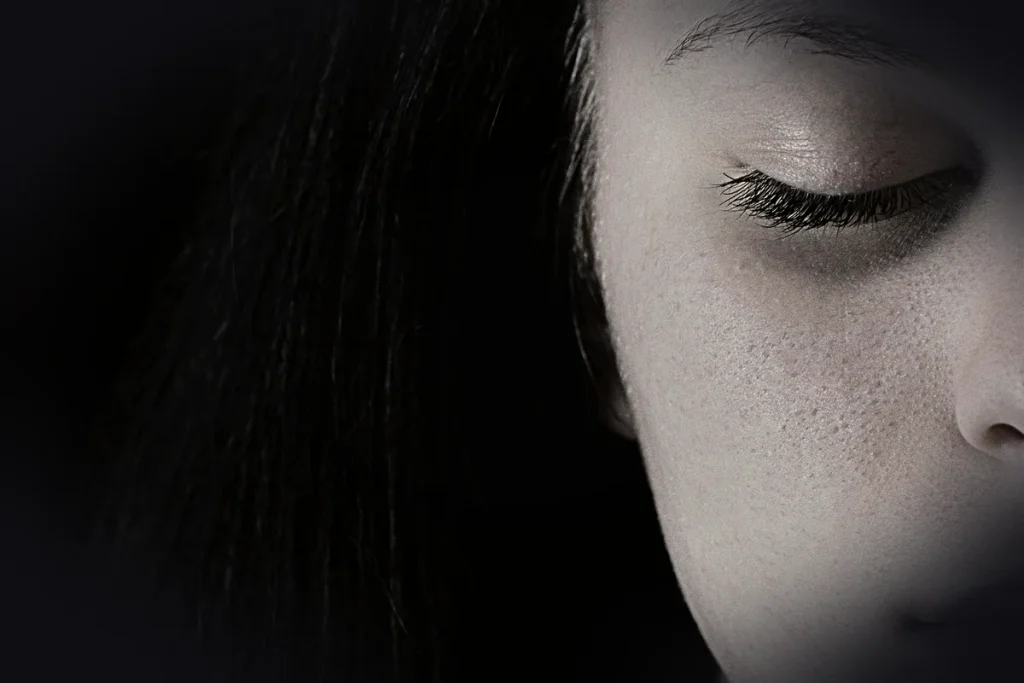girl, face, closed eyes, half face, depression, sadness, skin, portrait, woman, female, young woman, close up, monochrome, bl