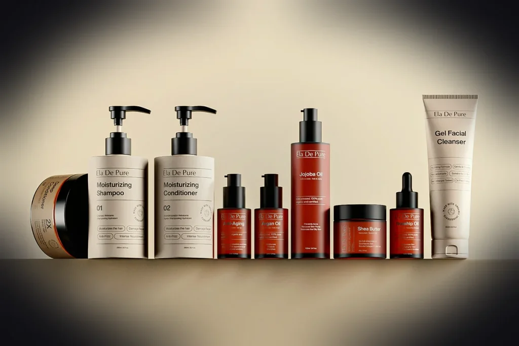 Various skincare bottles and jars arranged on a shelf.