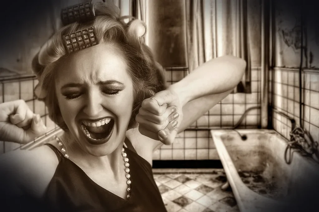 woman, girl, curler, hairstyle, facial expression, bathroom, old bathroom, bathroom renovation, renovation, renovate, old, re