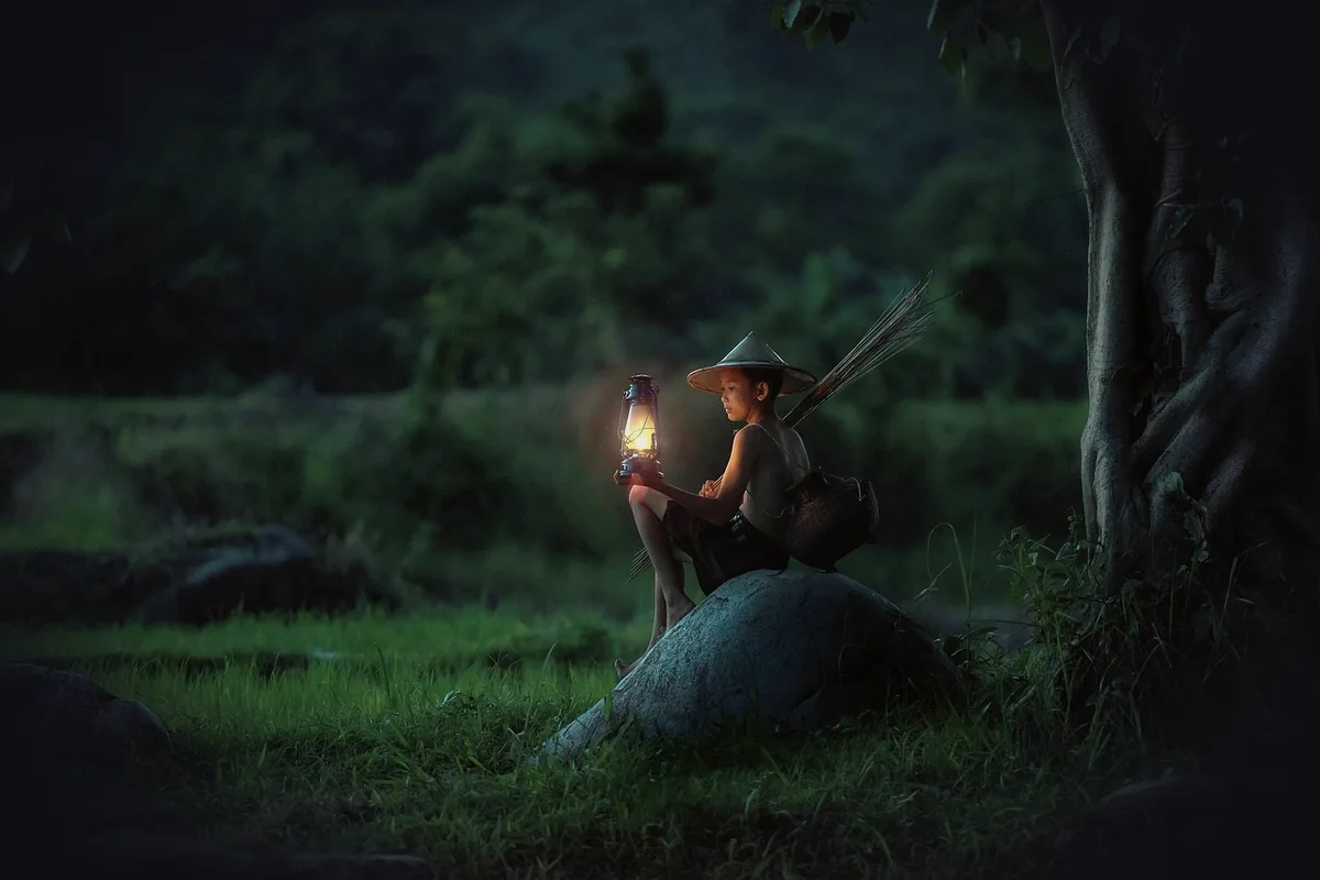 boy, sitting, lantern, outdoors, asia, vietnam, dawn, evening, lamp, light, morning, nature, dusk, alone, lonely, calm, peace
