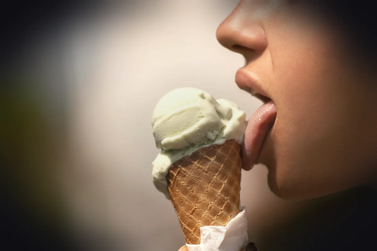 ice cream, dessert, sweet, food, frozen, woman, face, eating, licking, tongue, delicious, taste, brown food, brown dessert, b